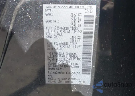 2013 Nissan Pathfinder S z USA, uszkodzony, nr VIN 5N1AR2MM5DC642474